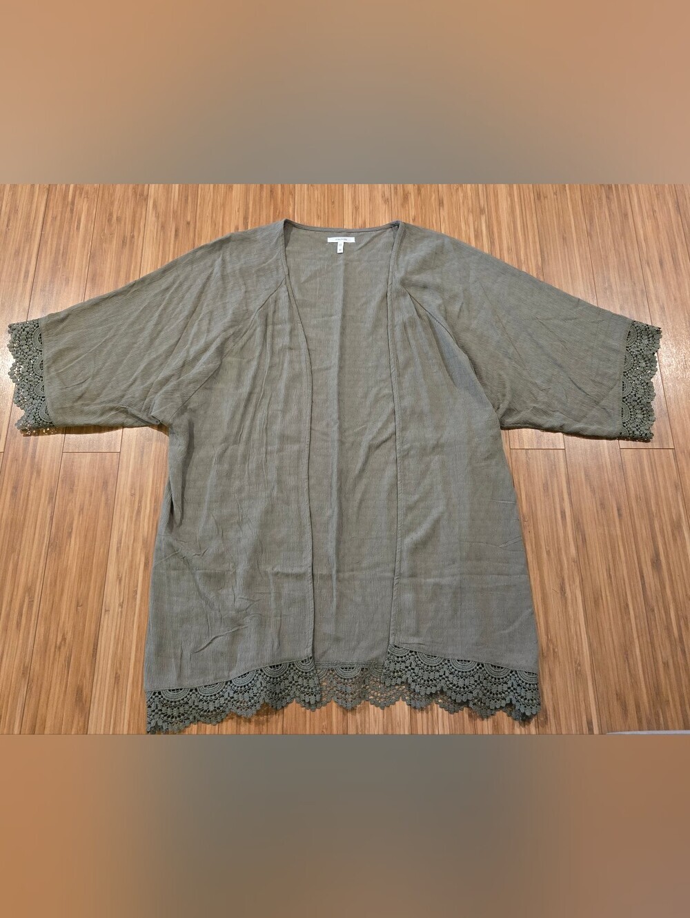 Maurices Open Front Crochet Trim Kimono Cardigan - Olive